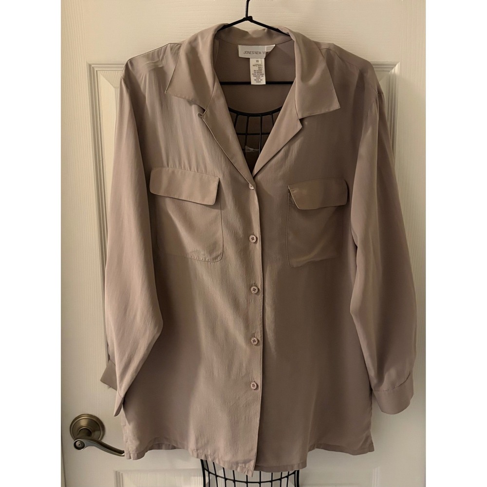 Jones New York Women's Size 16 Taupe 100% Silk Button Front Utility Blouse